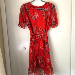 Red floral asymmetrical ruffle hem dress
